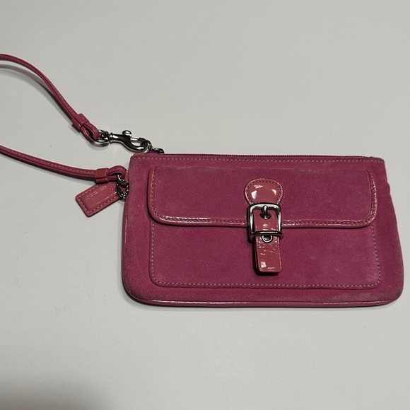 Cute pink suede Coach wristlet; has tag. Classic Coach lined interior. - Picture 1 of 11